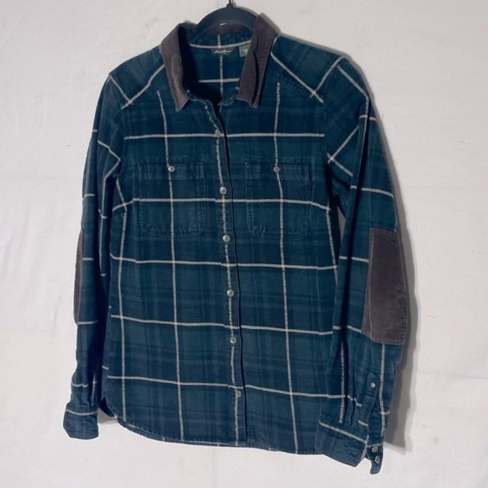 Eddie Bauer Green Plaid Button Up Too With Brown Corduroy Elbow Patches